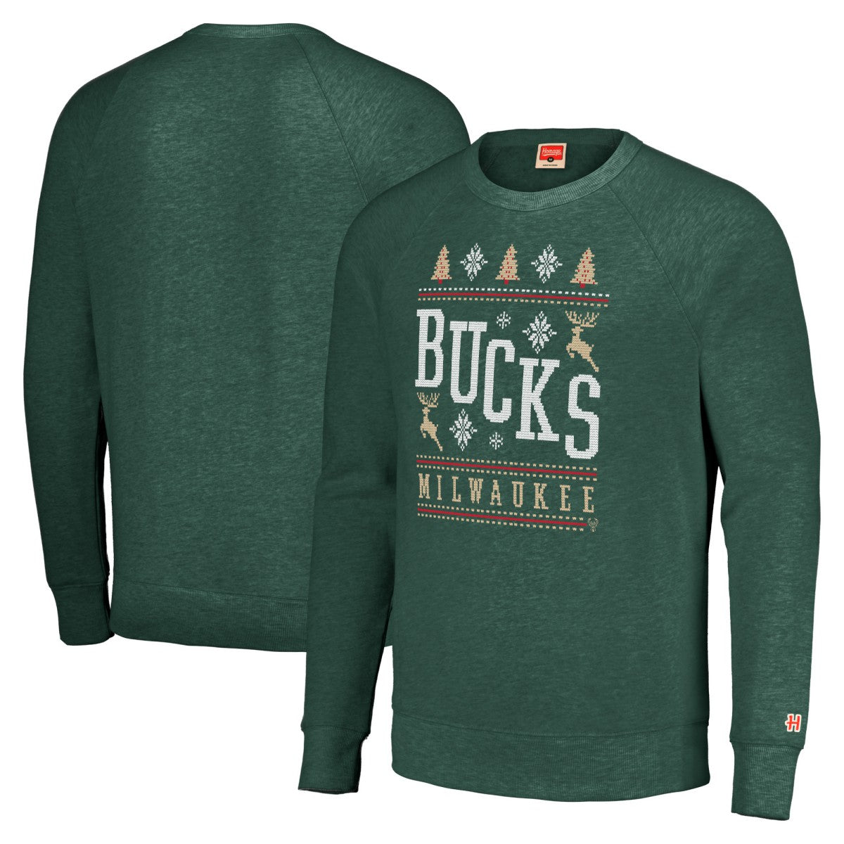 Hunter Green Milwaukee Bucks Homage Unisex Holiday Raglan Pullover Sweatshirt | NBA