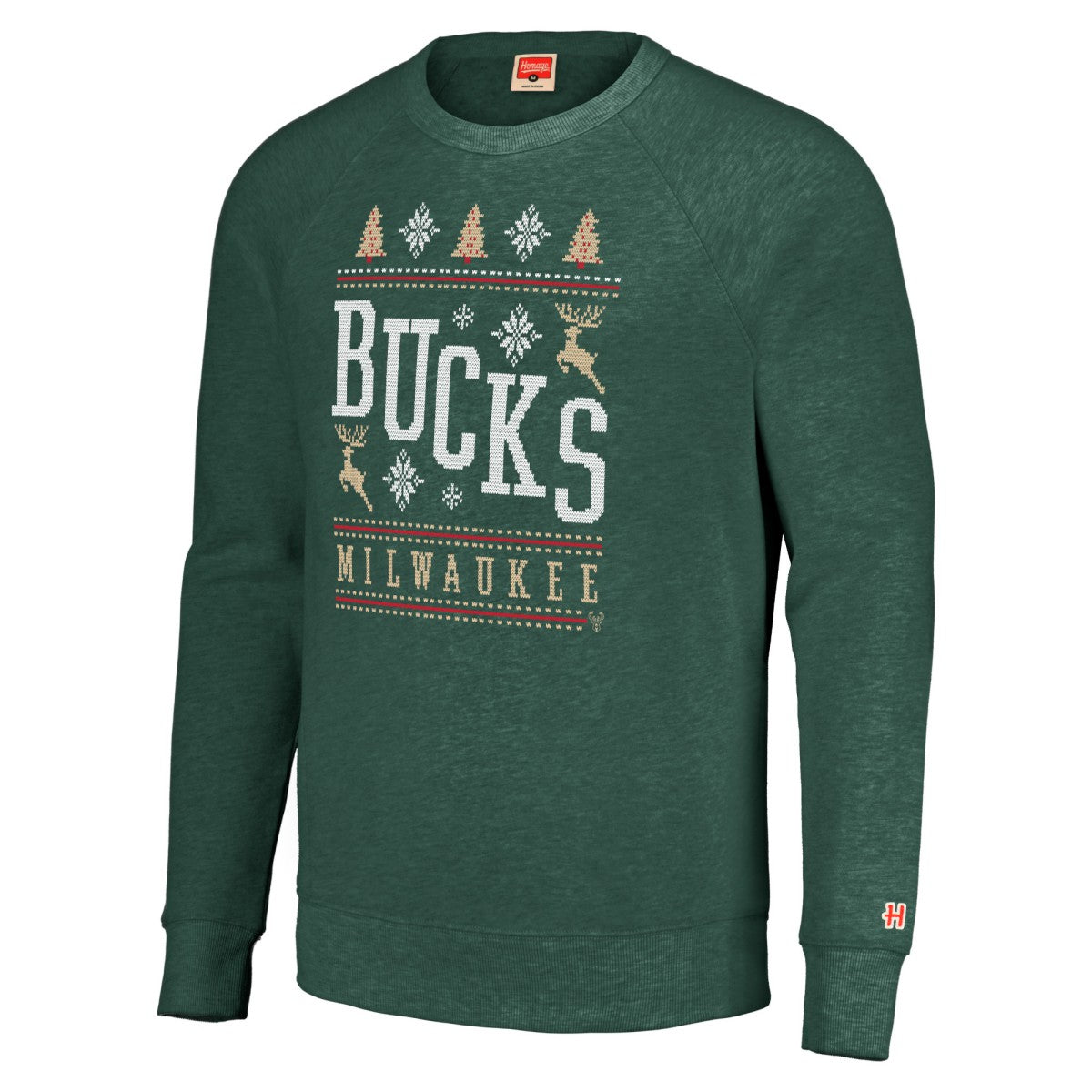Hunter Green Milwaukee Bucks Homage Unisex Holiday Raglan Pullover Sweatshirt | NBA