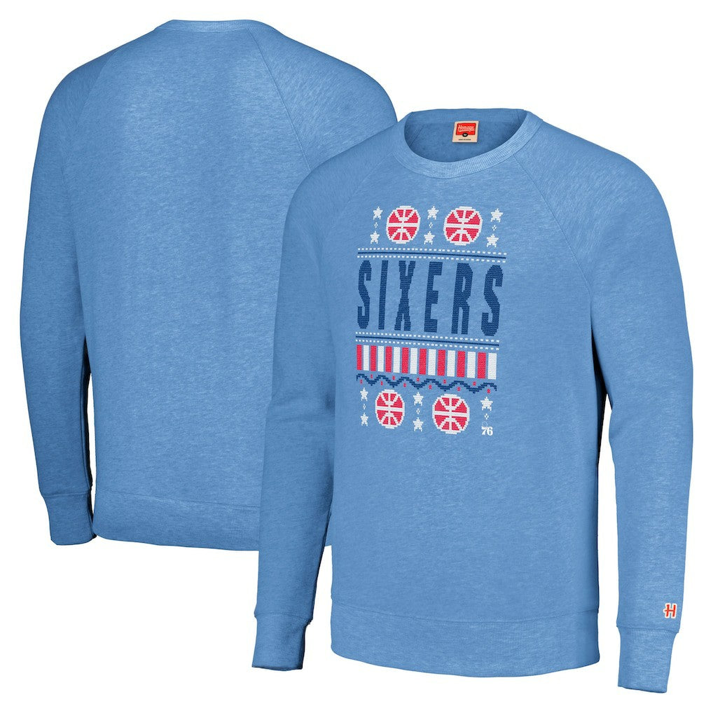 Light Blue Philadelphia 76ers Homage Unisex Holiday Raglan Pullover Sweatshirt | NBA