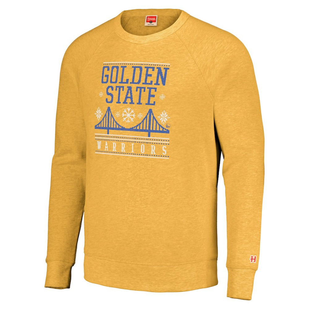 Gold Golden State Warriors Homage Unisex Holiday Tri-Blend Raglan Pullover Sweatshirt sale | NBA