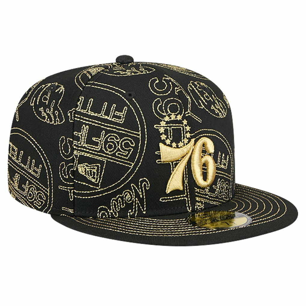 Black Philadelphia 76ers 59FIFTY Day Allover Print Stencil Fitted Hat | NBA
