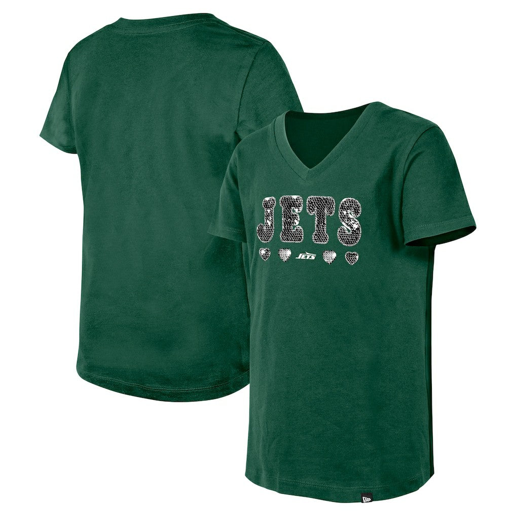 New York Jets Girls Youth Flip Sequin V-Neck T-Shirt | NFL Outlet