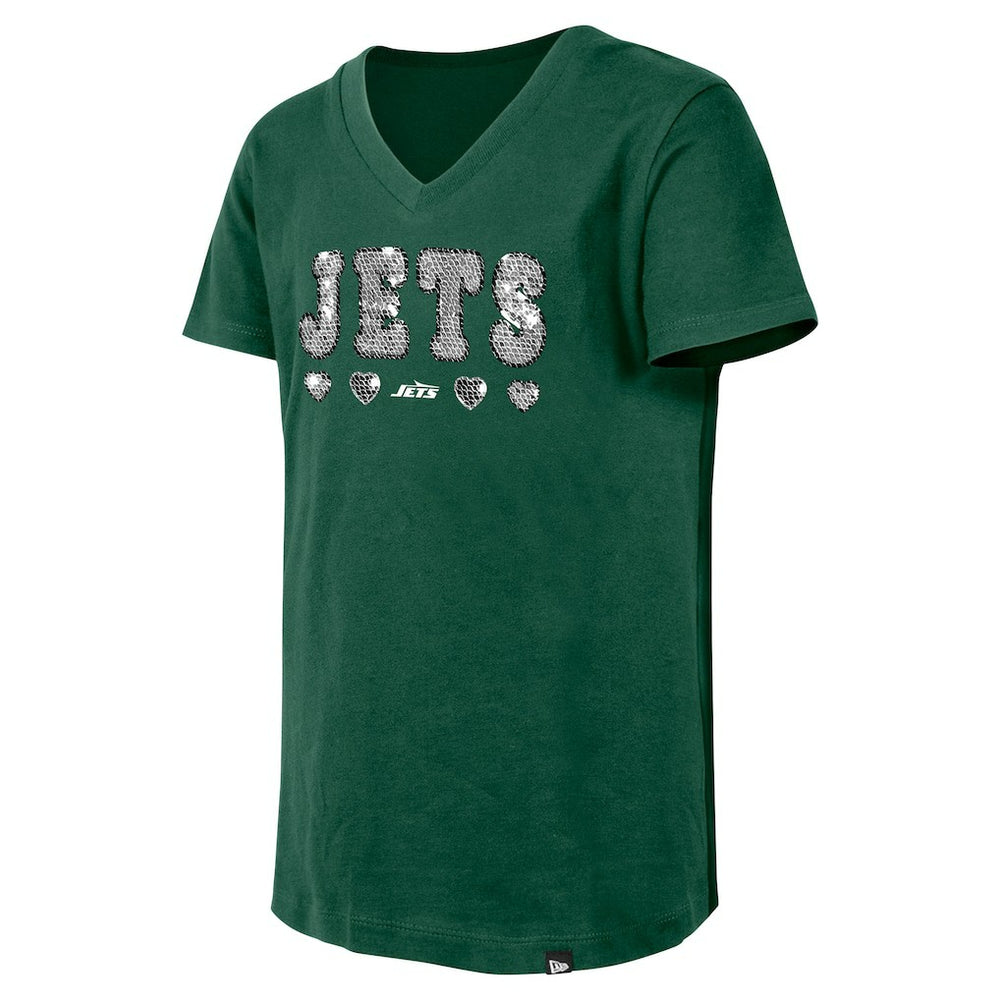 New York Jets Girls Youth Flip Sequin V-Neck T-Shirt | NFL Outlet