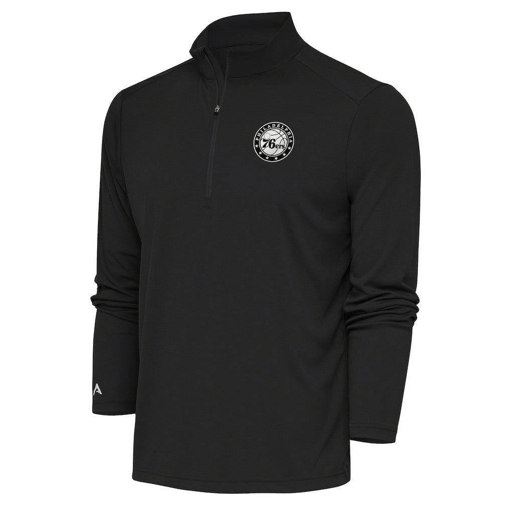 Charcoal Philadelphia 76ers Antigua Metallic Logo Tribute Quarter-Zip Pullover | NBA
