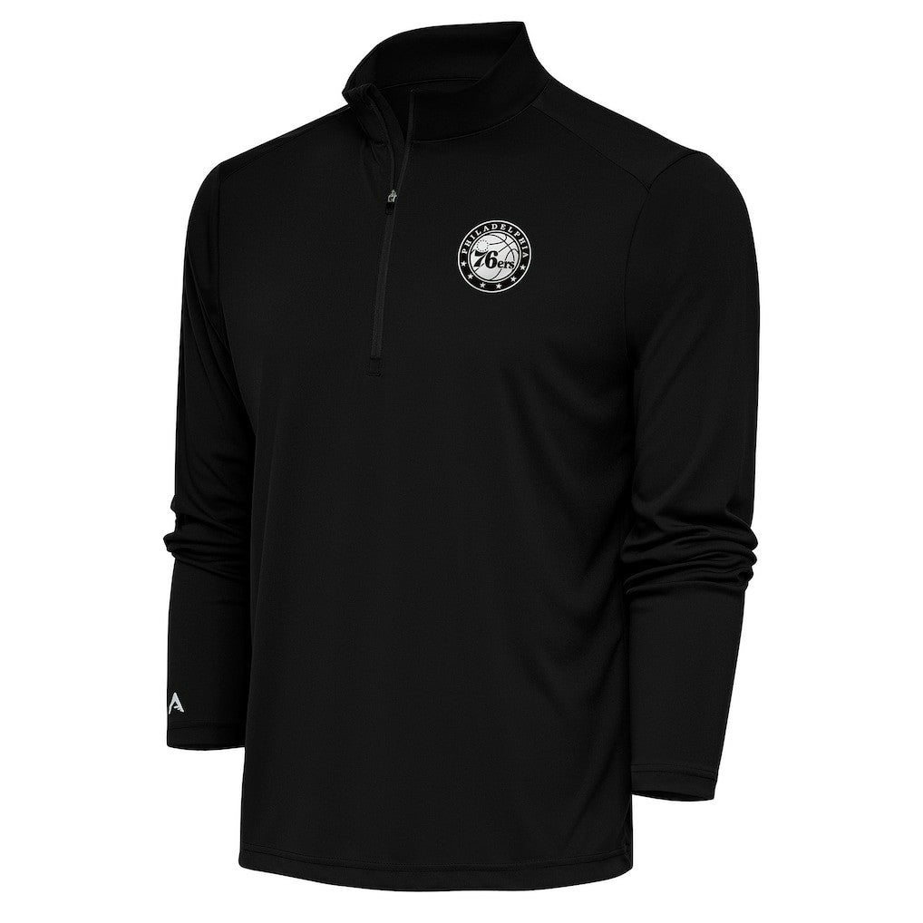 Black Philadelphia 76ers Antigua Metallic Logo Tribute Quarter-Zip Pullover | NBA