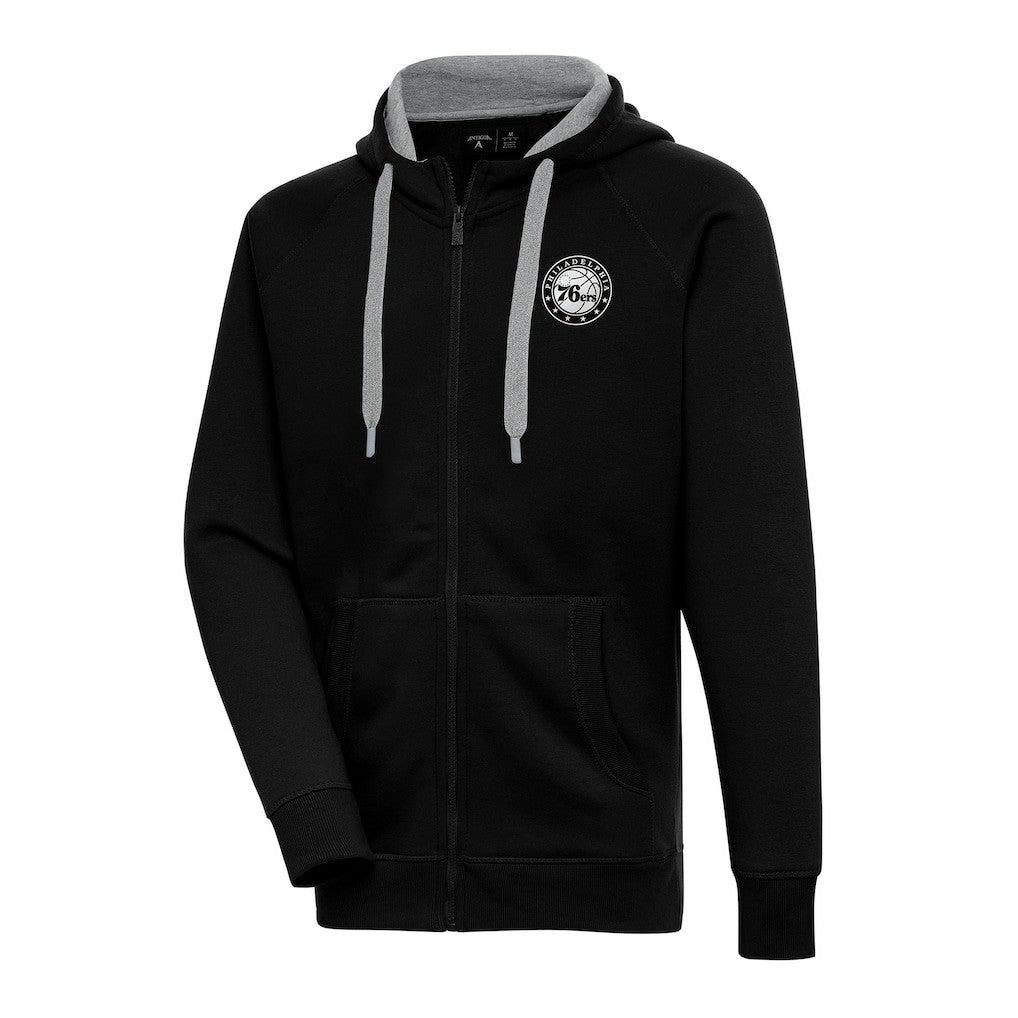 Black Philadelphia 76ers Antigua Metallic Logo Victory Raglan Full-Zip Hoodie | NBA