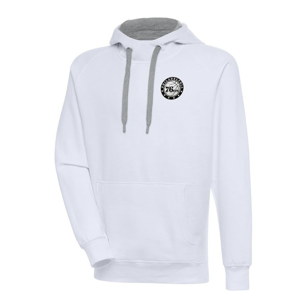 White Philadelphia 76ers Antigua Metallic Logo Victory Pullover Hoodie | NBA