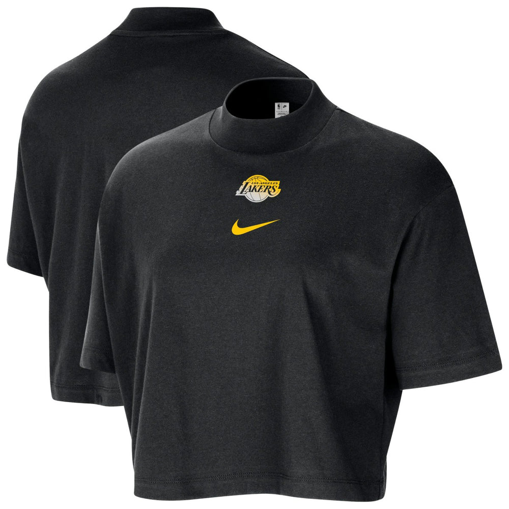Black Los Angeles Lakers Women's Courtside Mock Neck Loose Fit Cropped T-Shirt | NBA