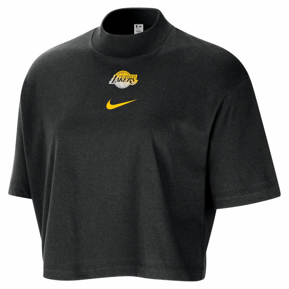Black Los Angeles Lakers Women's Courtside Mock Neck Loose Fit Cropped T-Shirt | NBA