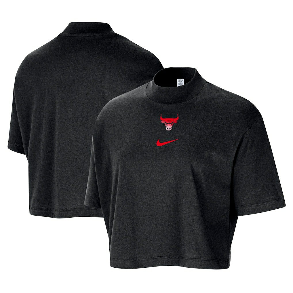 Black Chicago Bulls Women's Courtside Mock Neck Loose Fit Cropped T-Shirt sale | NBA