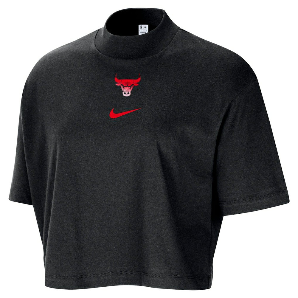 Black Chicago Bulls Women's Courtside Mock Neck Loose Fit Cropped T-Shirt sale | NBA