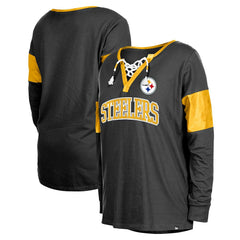 Pittsburgh Steelers Women's Lace-Up Notch-Neck Long Sleeve T-Shirt | NFL Discount