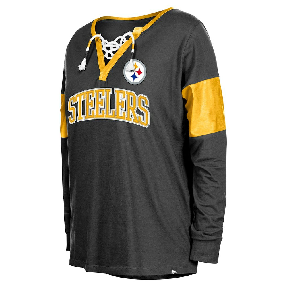Pittsburgh Steelers Women's Lace-Up Notch-Neck Long Sleeve T-Shirt | NFL Discount