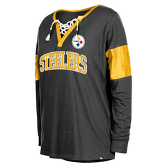 Pittsburgh Steelers Women's Lace-Up Notch-Neck Long Sleeve T-Shirt | NFL Discount