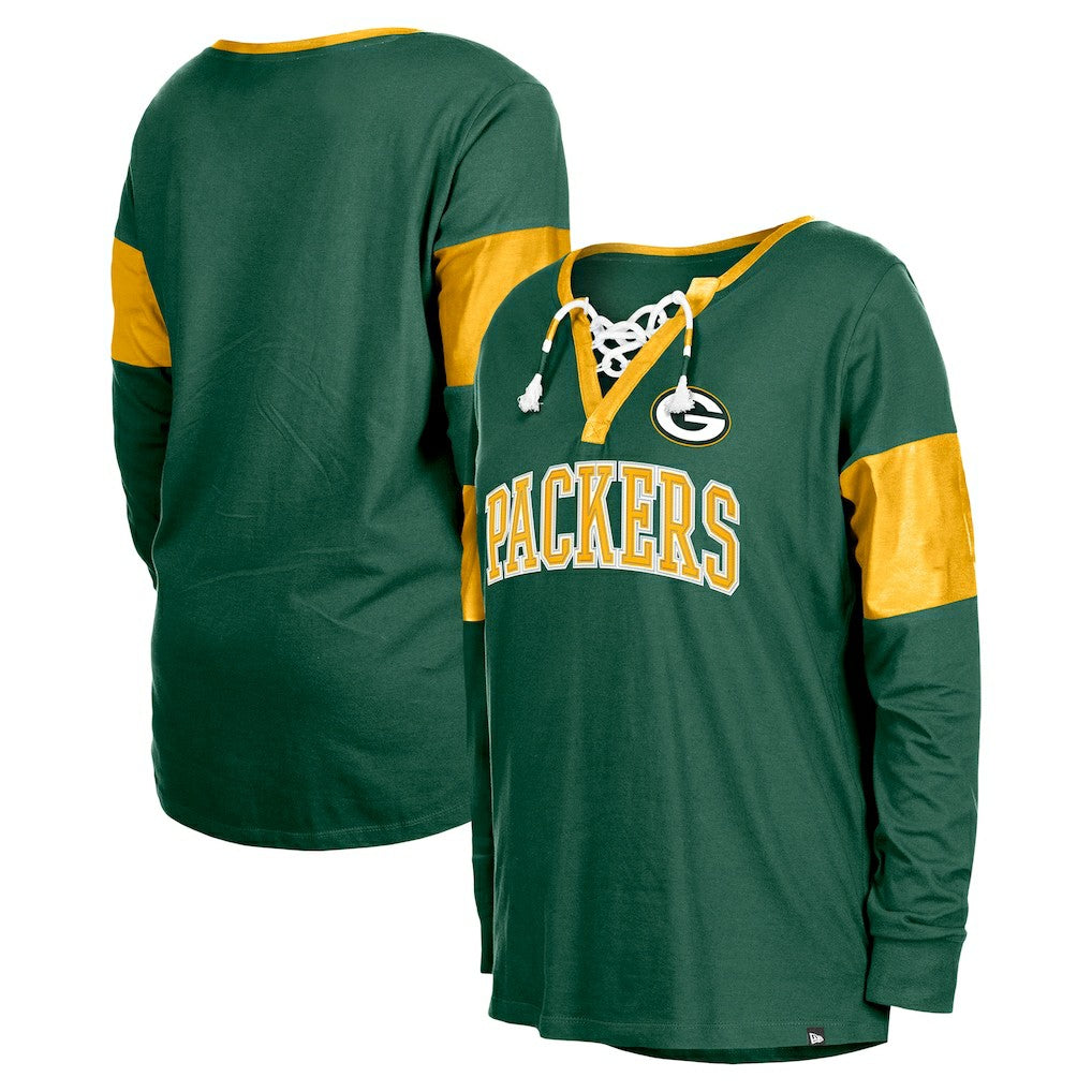Green Bay Packers Women's Lace-Up Notch-Neck Long Sleeve T-Shirt | NFL Discount
