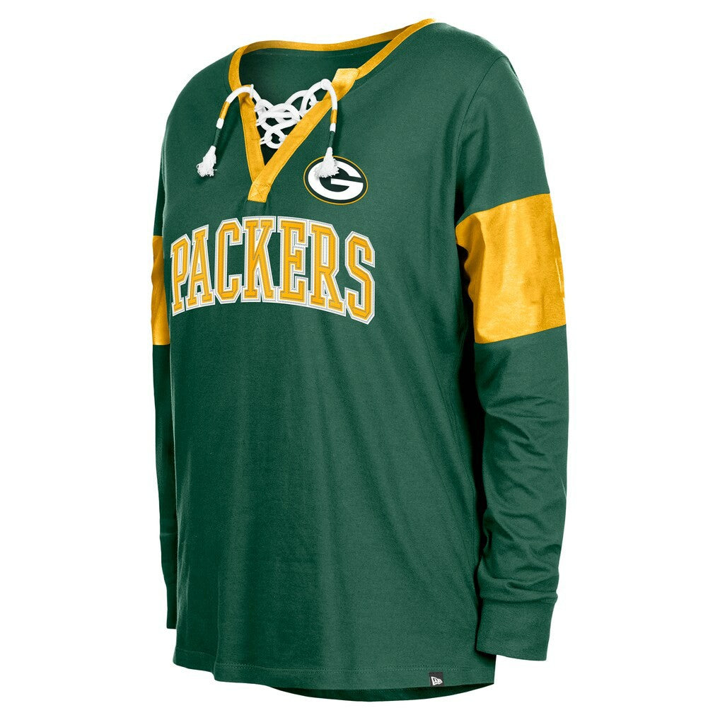 Green Bay Packers Women's Lace-Up Notch-Neck Long Sleeve T-Shirt | NFL Discount