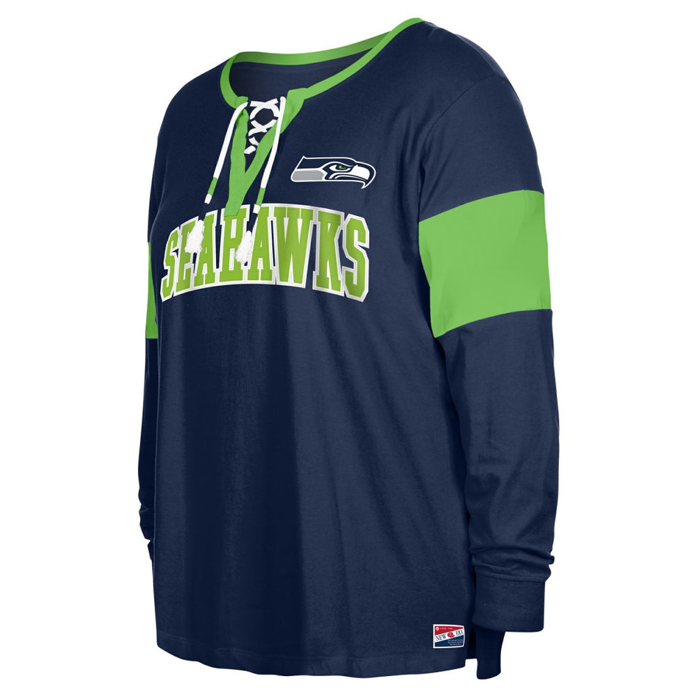 Seattle Seahawks Women's Plus Size Lace-Up Notch Neck Long Sleeve T-Shirt  | NFL Discount