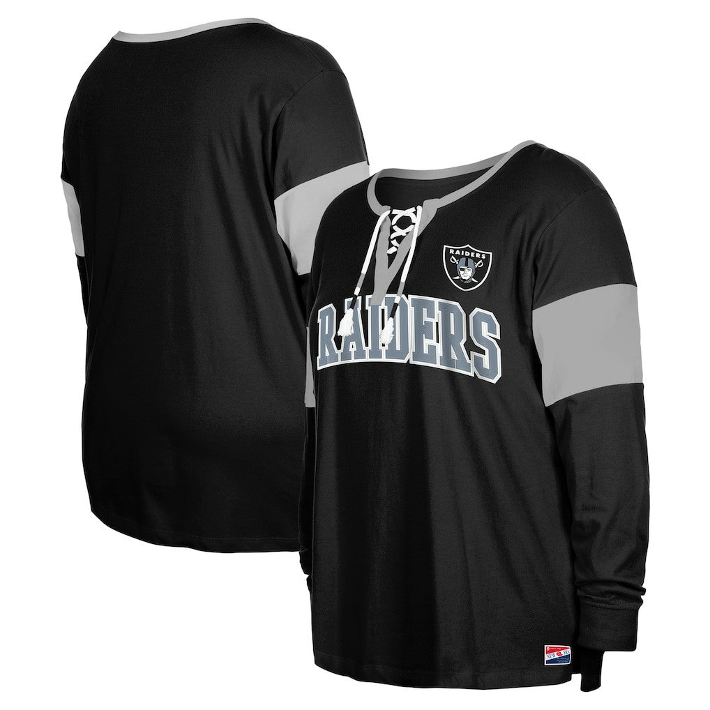 Las Vegas Raiders Women's Plus Size Lace-Up Notch Neck Long Sleeve T-Shirt  | NFL Hot
