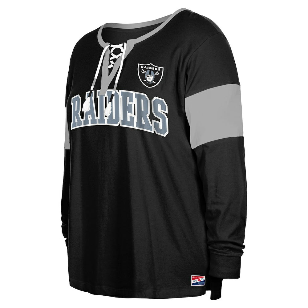 Las Vegas Raiders Women's Plus Size Lace-Up Notch Neck Long Sleeve T-Shirt  | NFL Hot