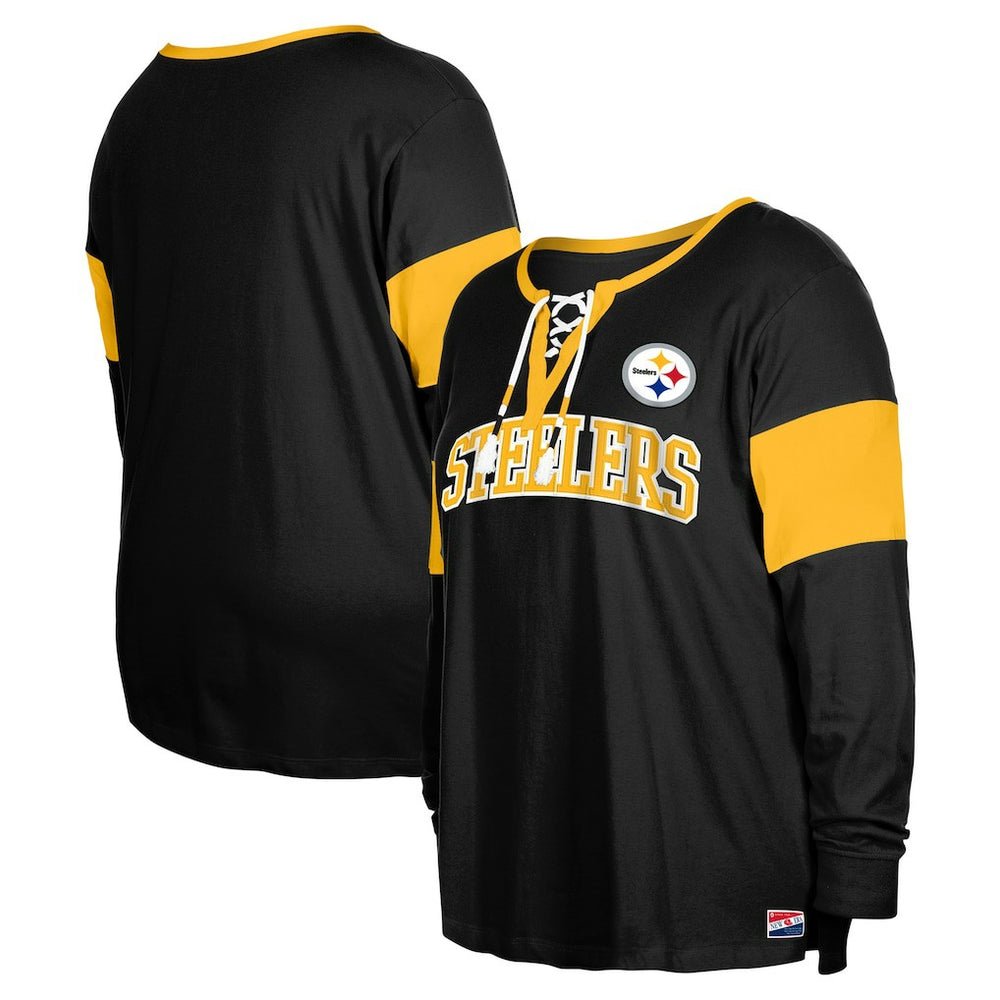 Pittsburgh Steelers Women's Plus Size Lace-Up Notch Neck Long Sleeve T-Shirt  | NFL Hot