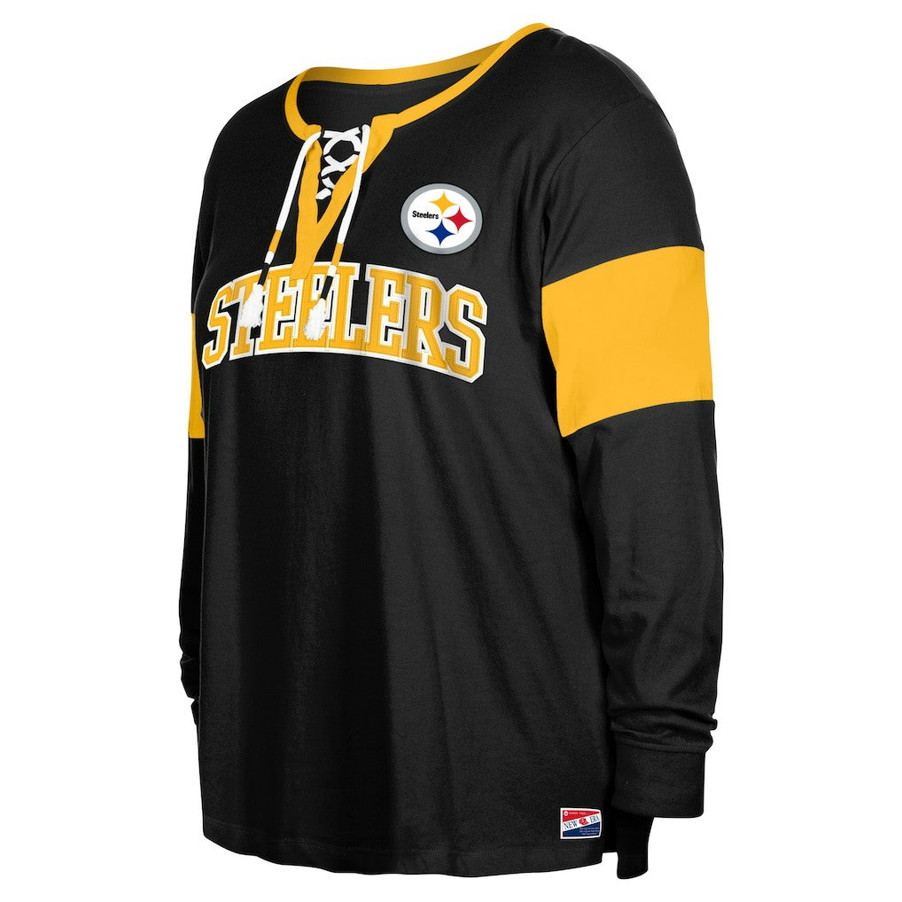 Pittsburgh Steelers Women's Plus Size Lace-Up Notch Neck Long Sleeve T-Shirt  | NFL Hot
