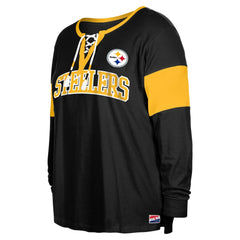 Pittsburgh Steelers Women's Plus Size Lace-Up Notch Neck Long Sleeve T-Shirt  | NFL Hot