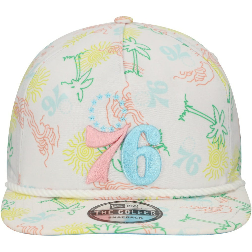 White Philadelphia 76ers Palm Trees and Waves Golfer Adjustable Hat | NBA