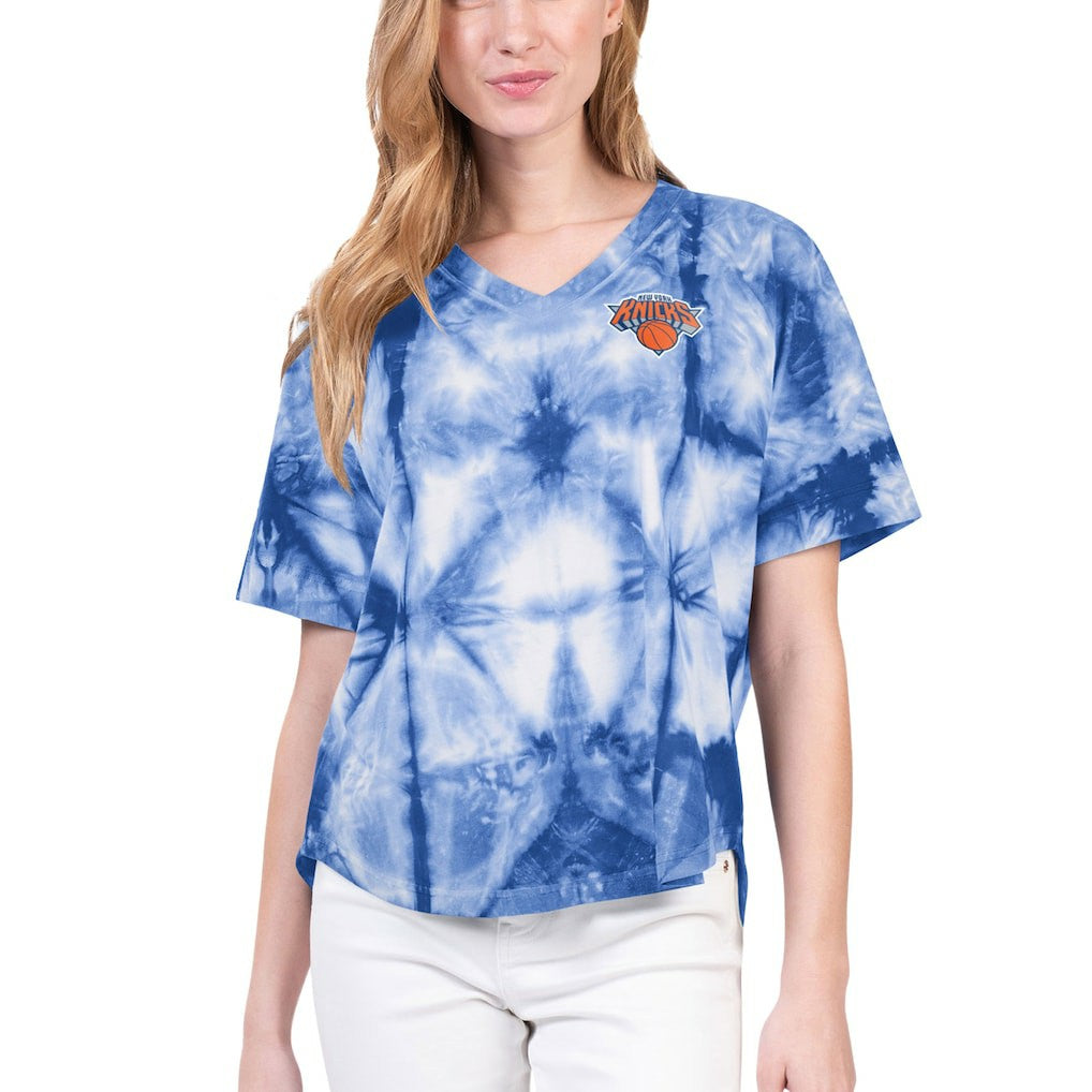 Blue New York Knicks G-III 4Her by Carl Banks Women's Tournament Raglan Oversized Tie-Dye V-Neck T-Shirt | NBA