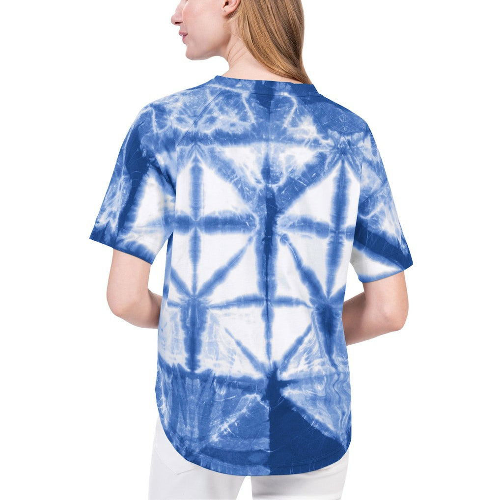 Blue New York Knicks G-III 4Her by Carl Banks Women's Tournament Raglan Oversized Tie-Dye V-Neck T-Shirt | NBA
