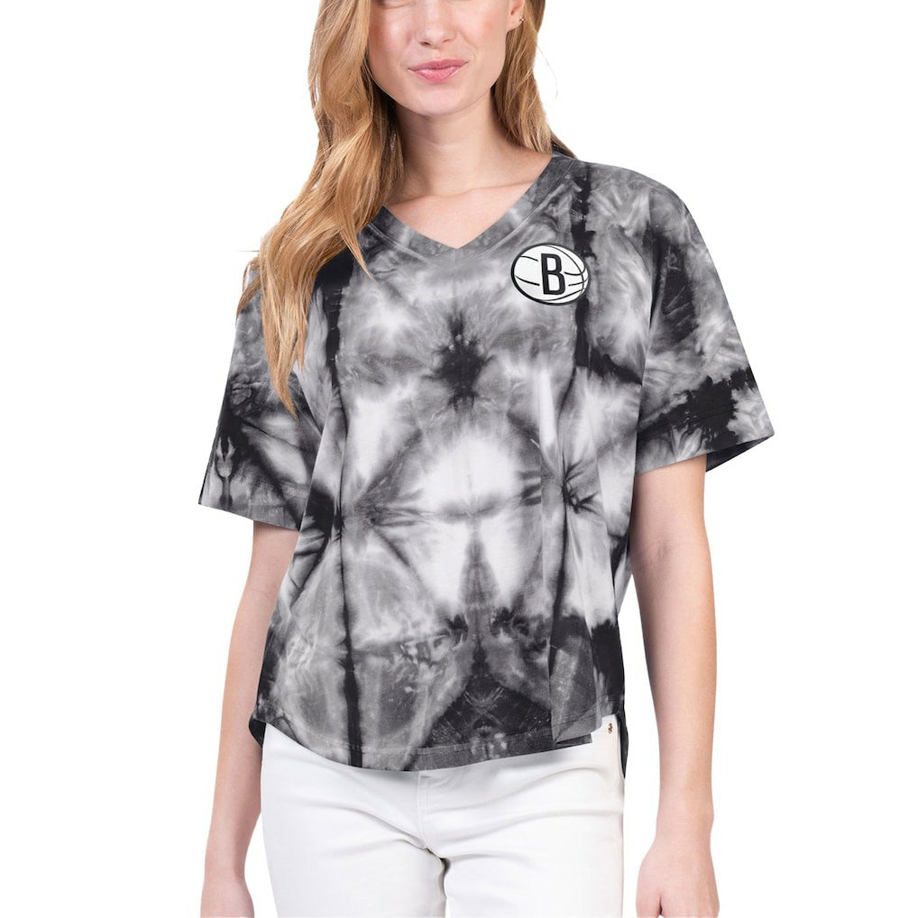 Black Brooklyn Nets G-III 4Her by Carl Banks Women's Tournament Raglan Oversized Tie-Dye V-Neck T-Shirt | NBA