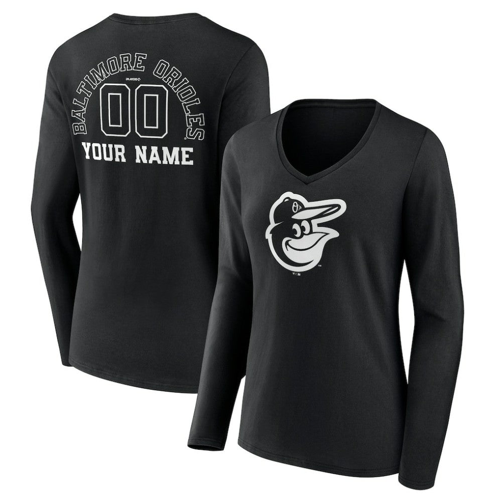 Baltimore Orioles Women's Monochrome Personalized Name & Number Long Sleeve V-Neck T-Shirt - MLB T-shirts