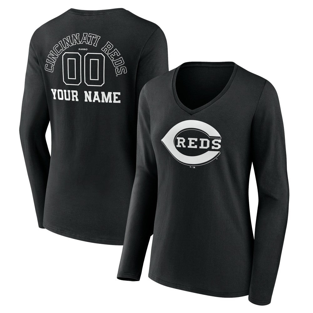 Cincinnati Reds Women's Monochrome Personalized Name & Number Long Sleeve V-Neck T-Shirt - MLB T-shirts