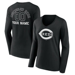 Cincinnati Reds Women's Monochrome Personalized Name & Number Long Sleeve V-Neck T-Shirt - MLB T-shirts