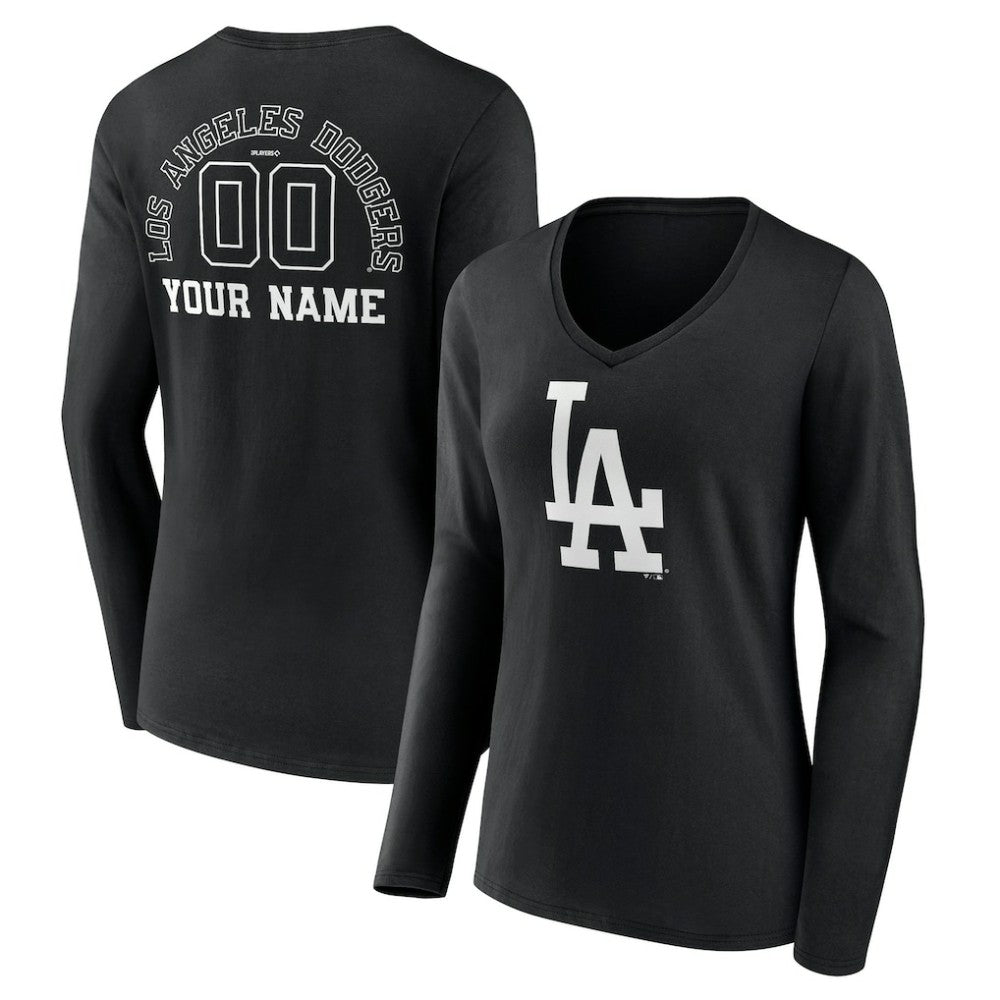 Los Angeles Dodgers Women's Monochrome Personalized Name & Number Long Sleeve V-Neck T-Shirt - MLB T-shirts