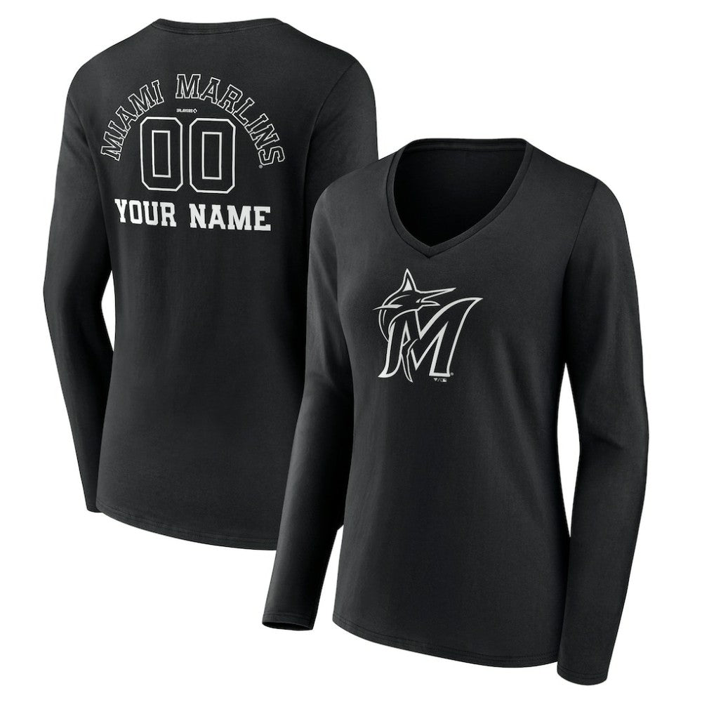 Miami Marlins Women's Monochrome Personalized Name & Number Long Sleeve V-Neck T-Shirt - MLB T-shirts