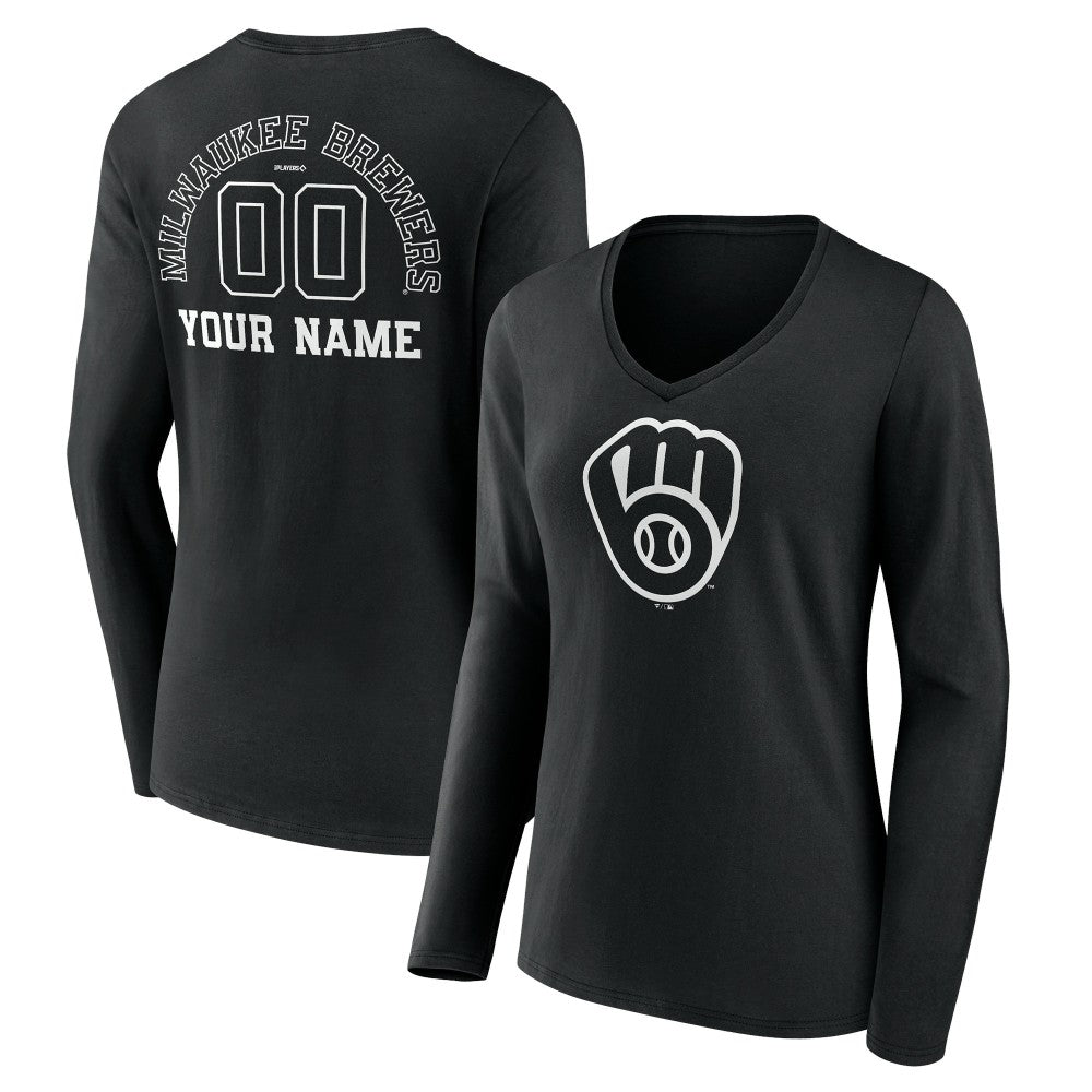 Milwaukee Brewers Women's Monochrome Personalized Name & Number Long Sleeve V-Neck T-Shirt - MLB T-shirts