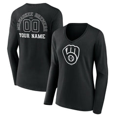 Milwaukee Brewers Women's Monochrome Personalized Name & Number Long Sleeve V-Neck T-Shirt - MLB T-shirts