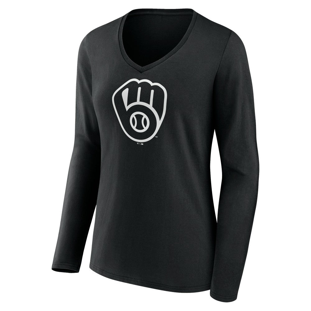 Milwaukee Brewers Women's Monochrome Personalized Name & Number Long Sleeve V-Neck T-Shirt - MLB T-shirts