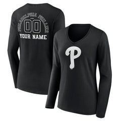 Philadelphia Phillies Women's Monochrome Personalized Name & Number Long Sleeve V-Neck T-Shirt - MLB T-shirts