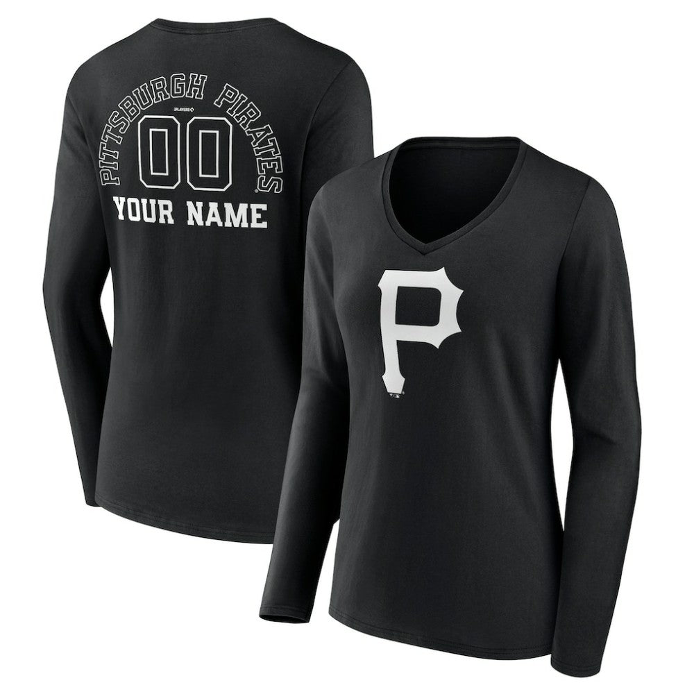 Pittsburgh Pirates Women's Monochrome Personalized Name & Number Long Sleeve V-Neck T-Shirt - MLB T-shirts