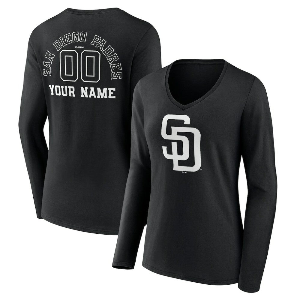 San Diego Padres Women's Monochrome Personalized Name & Number Long Sleeve V-Neck T-Shirt - MLB T-shirts