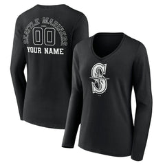 Seattle Mariners Women's Monochrome Personalized Name & Number Long Sleeve V-Neck T-Shirt - MLB T-shirts