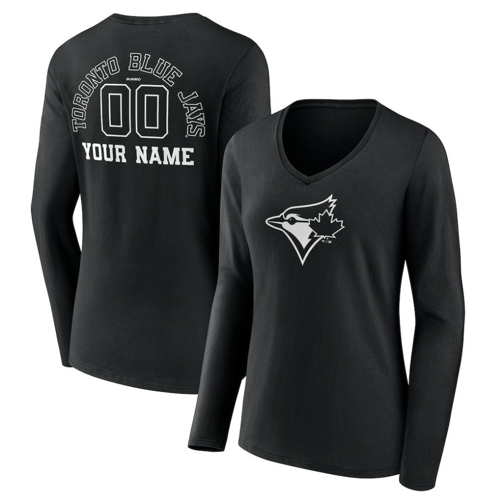 Toronto Blue Jays Women's Monochrome Personalized Name & Number Long Sleeve V-Neck T-Shirt - MLB T-shirts