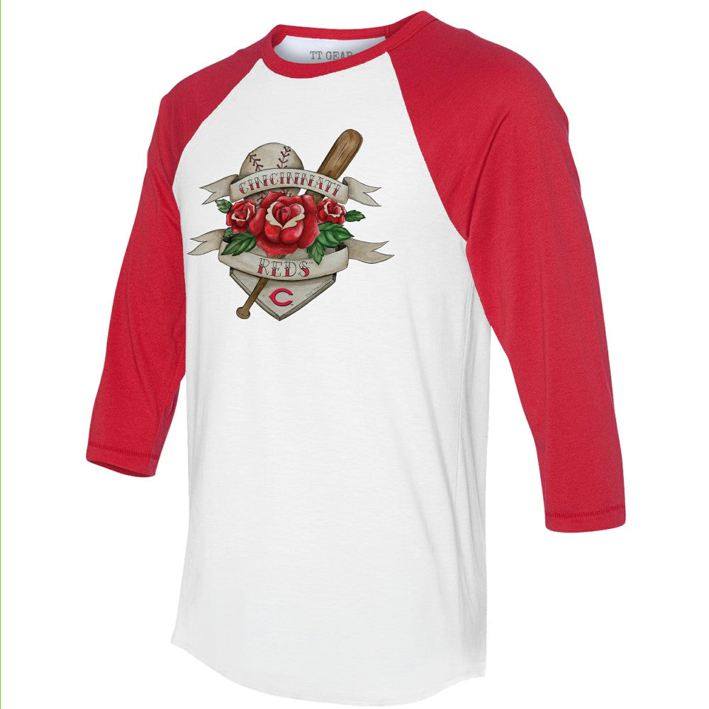 Cincinnati Reds Tiny Turnip Unisex Tattoo Rose 3/4-Sleeve Raglan T-Shirt - MLB T-shirts