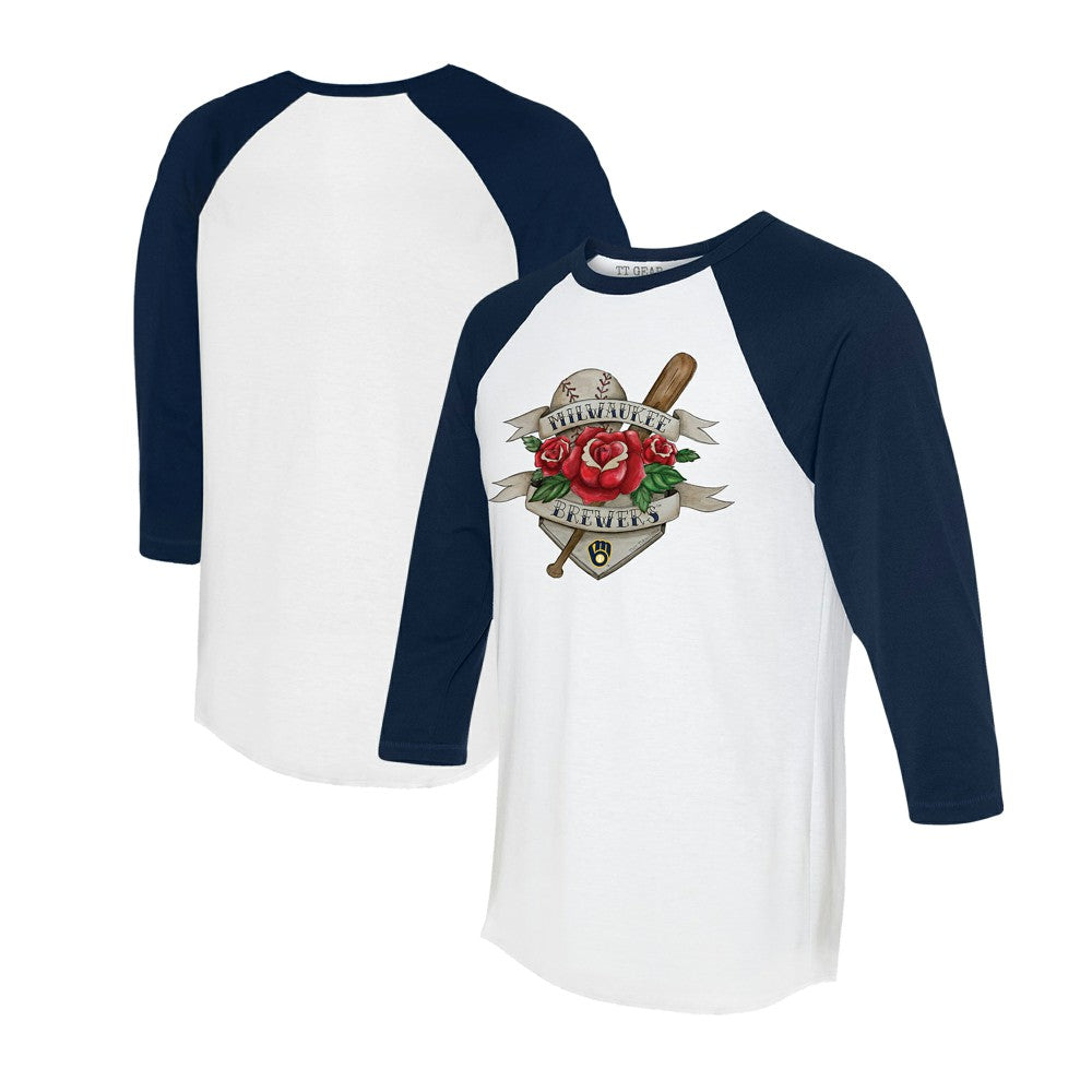 Milwaukee Brewers Tiny Turnip Unisex Tattoo Rose 3/4-Sleeve Raglan T-Shirt - MLB T-shirts