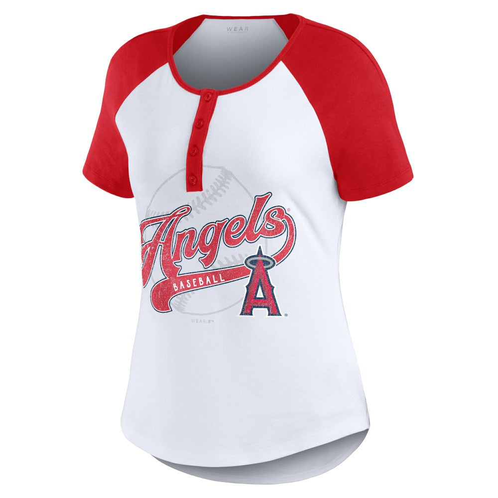 Los Angeles Angels WEAR by Erin Andrews Women's Fitted Henley Raglan T-Shirt - MLB T-shirts