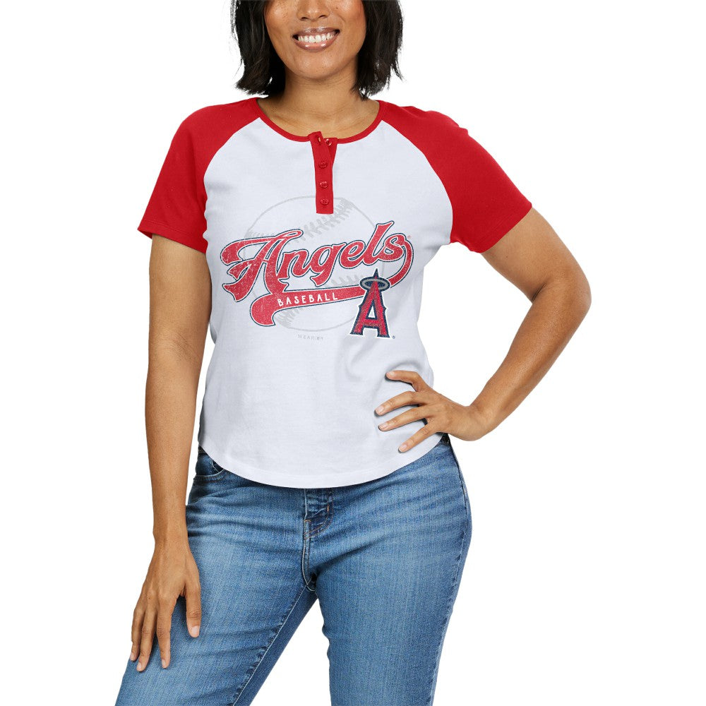 Los Angeles Angels WEAR by Erin Andrews Women's Fitted Henley Raglan T-Shirt - MLB T-shirts