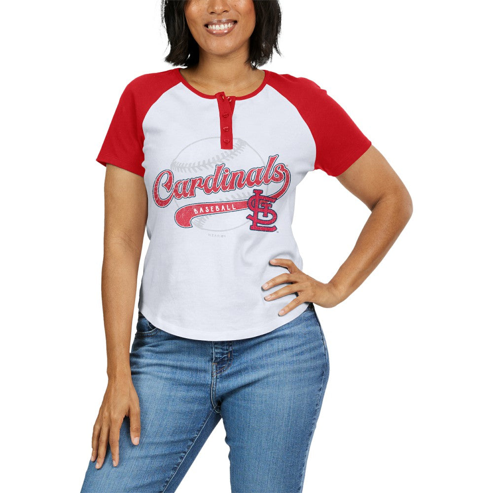 St. Louis Cardinals WEAR by Erin Andrews Women's Fitted Henley Raglan T-Shirt - MLB T-shirts