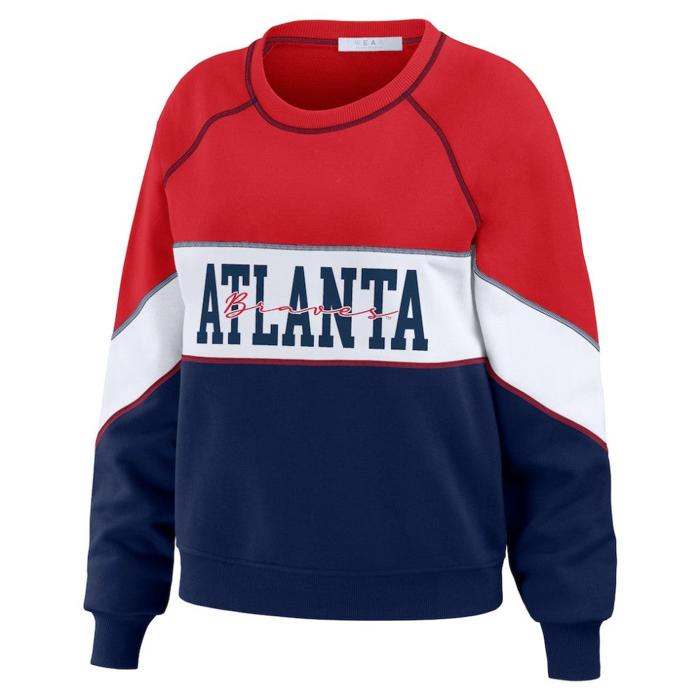 Atlanta Braves WEAR by Erin Andrews Women's Color Block Crew Neck Pullover Sweatshirt - MLB Pullover