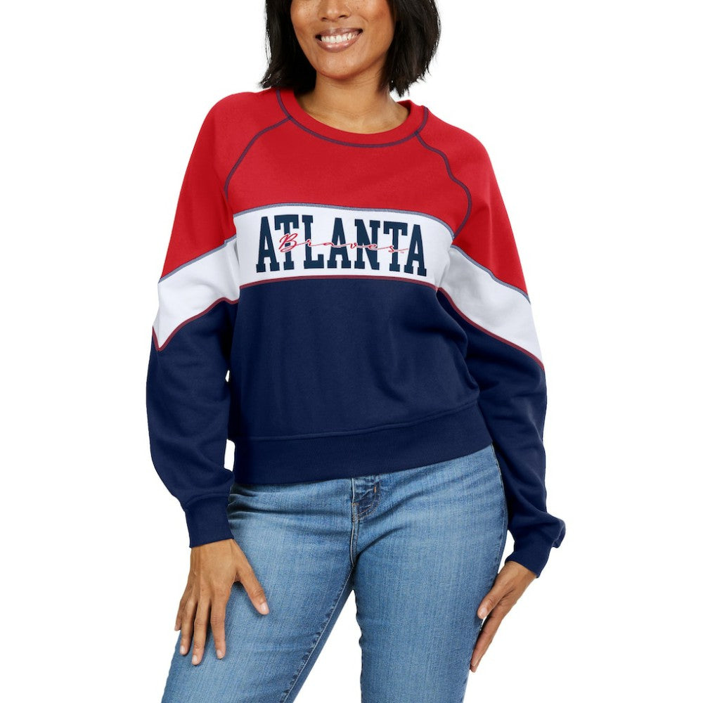 Atlanta Braves WEAR by Erin Andrews Women's Color Block Crew Neck Pullover Sweatshirt - MLB Pullover
